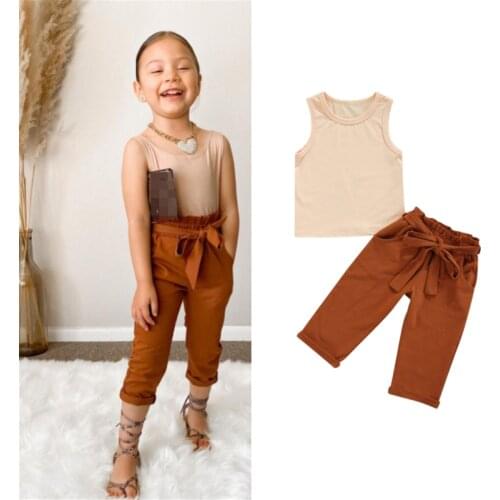 1-6Years Children Kids Girls Casual Clothes Sets Solid Sleeveless Vest Tops+Bowknot Belt Long Pants Holiday Beach Outfits
