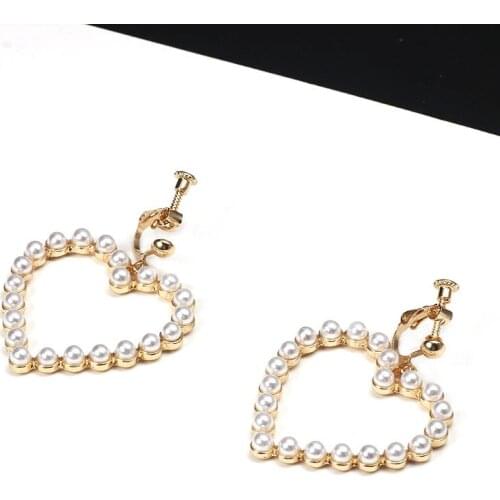 Pearl Heart Hoop Dangle Earrings Clip On Imitaion Pearl Love Heart Shaped Loop Drop Clip On Earring No Pierced For Women Jewelry