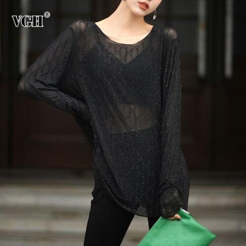 VGH Casual Black Patchwork T Shirt For Women O Neck Long Sleeve Perspective Korean Loose T Shirts Female 2021 Summer Fashion New