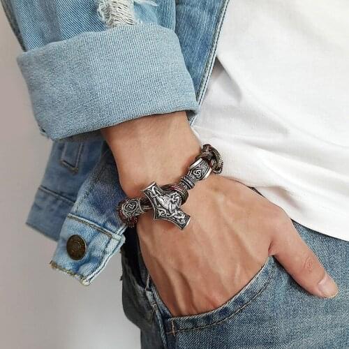 Vintage Rope Braided Viking Thors Hammer Bracelets Men Norse Beads Knot Survival Woven BanglesJewelry