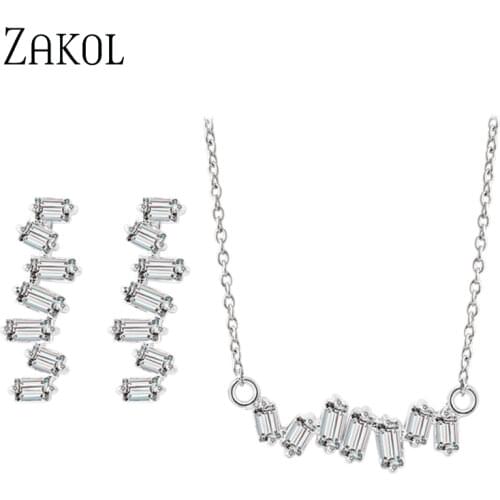 ZAKOL New Arrival European Style Jewelry Sets Rectangle Cubic Zircon Cluster Pendants Earrings Set for Women FSSP2004