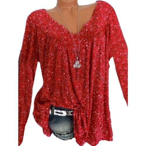 Autumn Plus Size Causal Floral Print V Neck Long Sleeve Women Loose T-Shirt Top