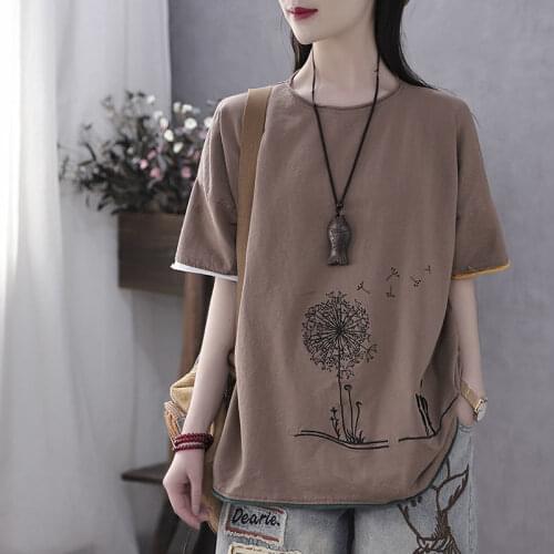 Short Sleeve T-shirt Womens Cotton Tshirts Vintage Casual Loose Embroidered Tees O Neck Large Size Summer Basic Mom Crop Tops
