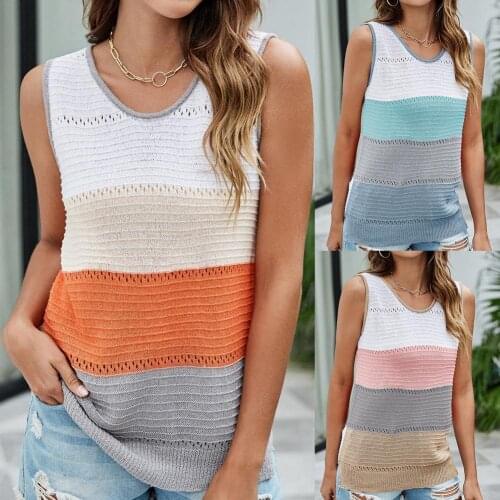 Women Contrasting Color Hollow Sleeveless V-Neck Knit Tank Tops Summer Casual Loose Blouse Womens Sexy Tops