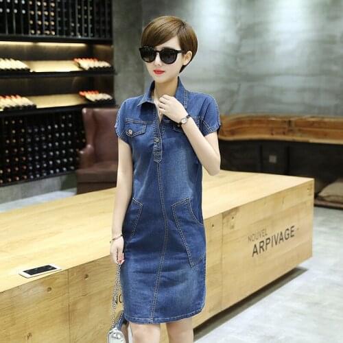 2021 Korean Fashion New Womens Summer Denim Dress Vintage Short-sleeve Pocket Casual Ladies Jeans Dresses Plus Size Femme Robes