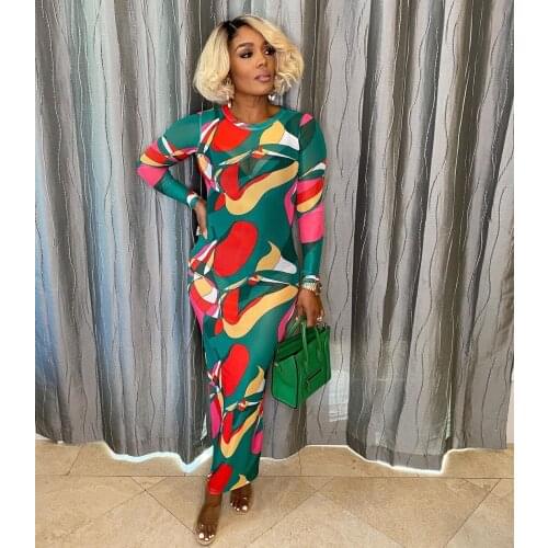 RMSFE 2021 Ladies Long Sleeve Round Neck Fashion Sexy Casual Printed Screen Temperament Simple Dress