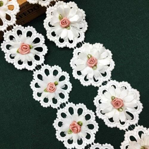 1 Yard Soluble Cotton Rose Flowers 3D Embroidered Lace Trim Ribbon Fabric Sewing Craft For Costume Wedding Dress Hat Decoration