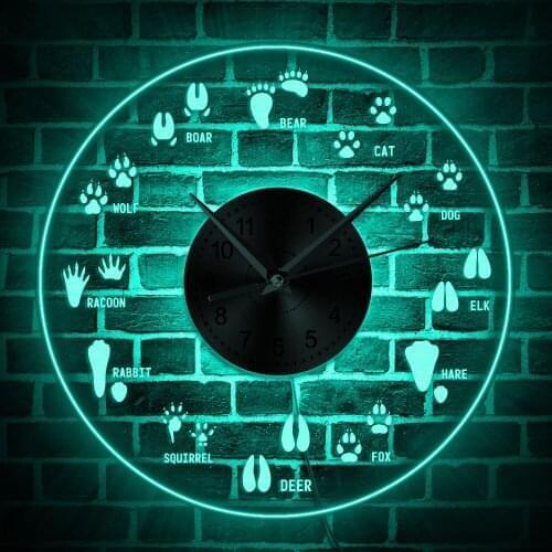 12 Different Animal Tracks Nursery Wall Clock with LED illumination Woodland Adventure Animal Footprints Field Guide LED Clock