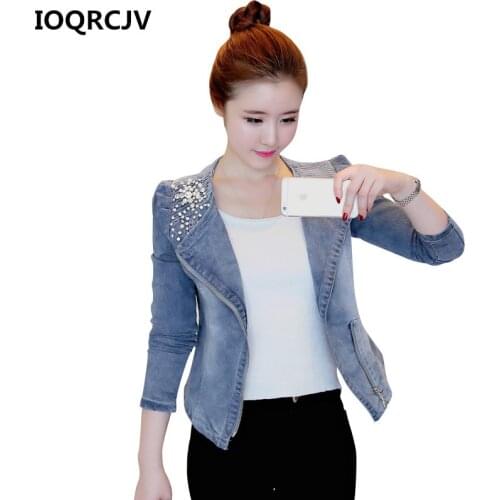 2019 Autumn Women Denim Jacket Coat Casual Beading Female Jeans Jacket Elegant Lady Streetwear Slim Basic Coats Outerwear R408