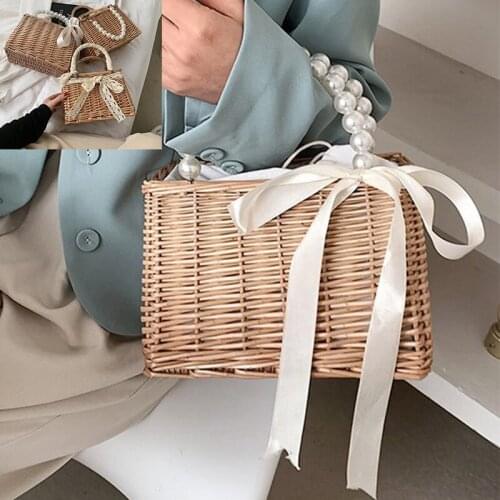 2021 Fashion Women Straw Handbags Summer Rattan Handmade Beads Casual Travel Bag Ladies Pearl Ribbons Beach Basket Bag Vintage