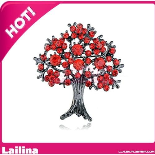 50pcs/Lot Trendy Red Rhinestone Life Tree Brooch for World Environment Day