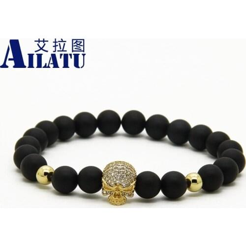 Ailatu Wholesale 10pcs/lot 8mm Matte Onyx Stone with Micro Paved White Cz Exquisite Ugly Skull Bracelet Fashion Jewelry