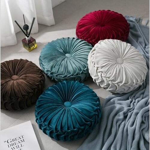 Velvet Round Pumpkin Pillow WITH Pillow Core Hand Pleat Home Deco Grey Blue Back Cushion 35X35CM Decoration Button seat throw
