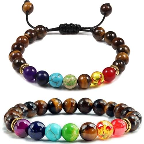 Men Women 7 Chakra Beaded Bracelets Bangles Healing Tiger Eye Stone Chakra Prayer Charm Buddha Bracelet Adjustable Jewelry Gifts