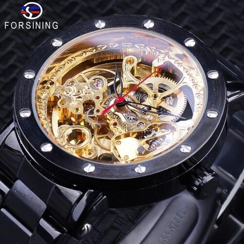 Forsining Royal Black Golden Steampunk Sport Clock Men Skeleton Mechanical Automatic Watch Top Brand Luxury Water Resistant