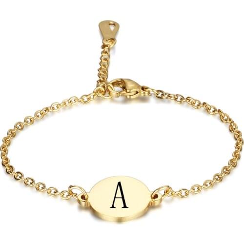 Eif Dock Initial Charm Gold-Color Bracelets Stainless Steel Round 26 Letters A to Z Alphabet Bracelet for Women Girls Kids Gifts