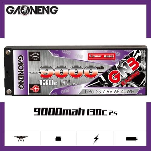GAONENG GNB 9000mAh 2S 7.6V 130C/260C See Through 5.0mm Bullet Hardcase HV LiPo Battery for 1:10 1/10 RC Car Boat Parts
