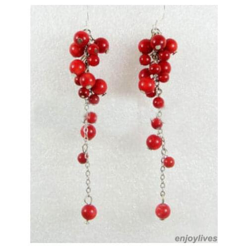 Hot sale new Style >>>>Red Coral Beads Custer Grape WGP Long Earrings