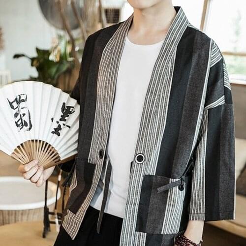 Cotton Linen Striped Yukata Kimono Cardigan Men Asian Streetwear Japanese Robe Coat Traditional Japanese Kimono Man Haori KK3516