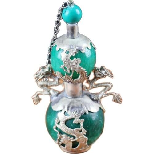 China old Beijing old goods carvings Shuanglong silver coated jade Snuff bottle
