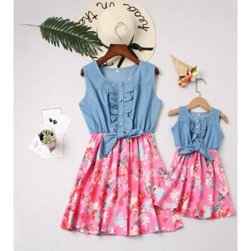 2021 Hot Sale Summer Spring Cotton Baby Clothes Family Matching Floral Sets Denim Tops Patchwork Dress Mother Kids Family Look