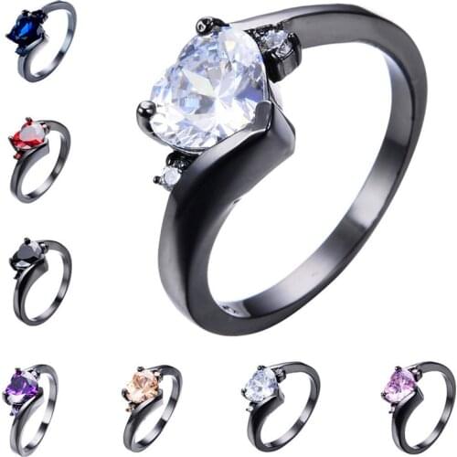 Minimalist Female Small Heart Ring Crystal 14KT Black Gold Wedding Rings For Women Promise Black Purple Red Engagement Ring
