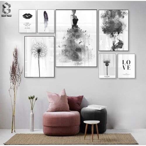 Black White Dandelion Feather Love Lip Wall Art Canvas Painting Nordic Posters And Prints Pop Picture For Living Room Home Decor