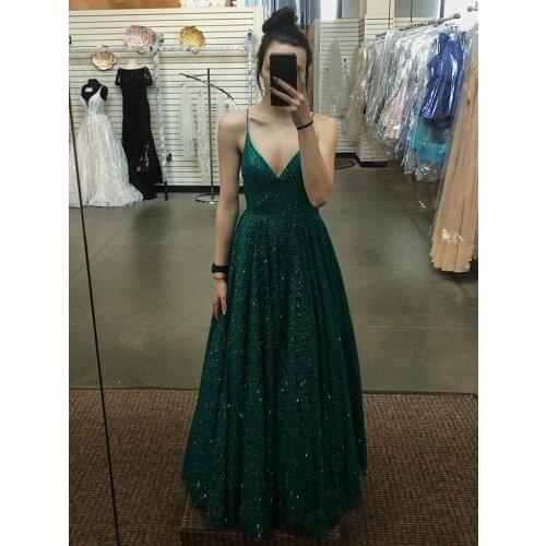 Charming Deep Green Lace Sequins Evening Gowns Spaghetti Straps V-neck Floor Length Party Dress for Special Occations