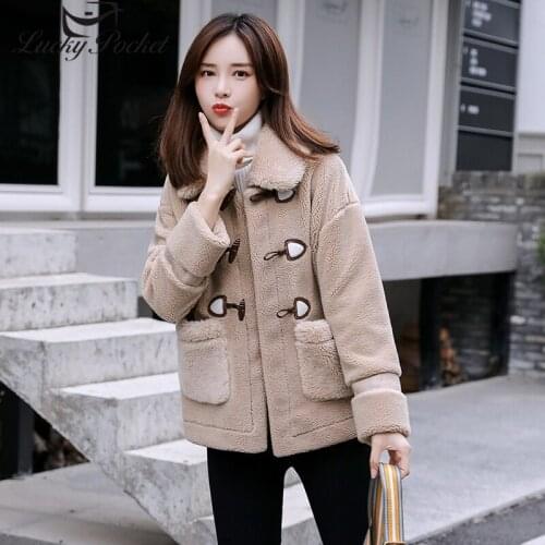 Women Winter Young Style New Plus Size Thick Short Horn Buckle Solid Color Fur Coat Ladies Fashion white Loose Plush Coat ZY74