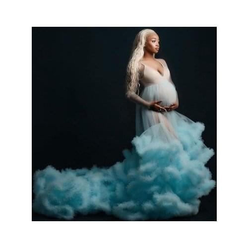Sexy Light Sky Blue Tulle Maternity Dresses Long Sleeves Fluffy Ruffles Tiered Custom Made Plus Size Photo Shoot Pregnancy Dress