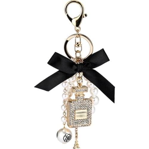 Alloy Zircon Keyring Imitation Pearl Perfume Bottle Keychain Car Key Ring Holder Bag Charm Pendant Accessories Bow Key Chain
