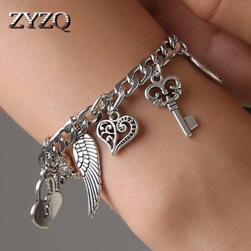 ZYZQ High Quality Punk Stylish Chain Bracelets With Heart Wing Locker Shaped Pendant Unisex Bracelets Wholesale Lots&Bulk Hot