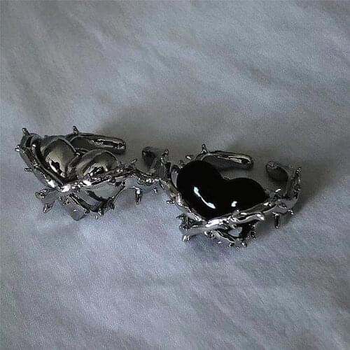 1PCs Vintage Harajuku Brambles Heart Adjustable Metal Punk Open Rings Hip Hop Gothic Geometric Couple Rings for Women Men Unisex