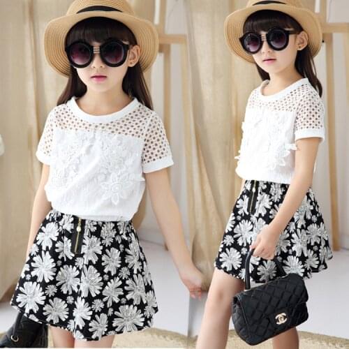 Girls Clothing White Lace Hollow T-Shirt + Flower Girl Skirts Two Piece Suit Cute Princess Wedding Party Clothes Sets 3-14 Ages