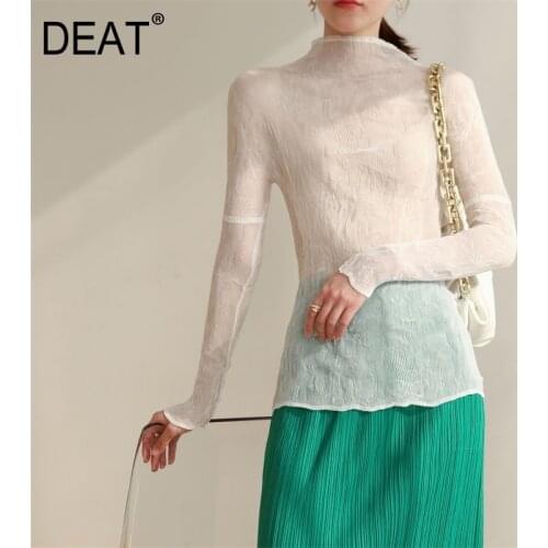 DEAT Frilly T Shirts Woman Thin Embossing Pullover Full Sleeve Turtleneck Elegant Solid Tee Casual Elastic 2021 New Summer XQ359