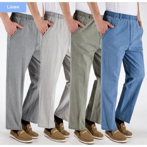 Plus size middle-aged dad men pants summer thin cotton linen elastic high waist casual trousers oversize pantalones hombre