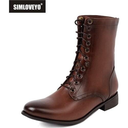 SIMLOVEYO 2021 Lady Retro Knight Mid Calf Boots Fold Pointed Toe Lace Up Short Plush Low Thick Heel Size 38-48 Black Brown A4426