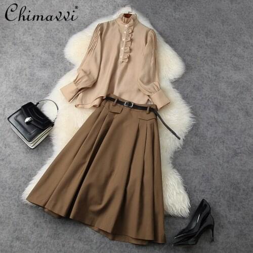 2021 Autumn Women Clothing New Outfit Retro Wooden Ear Loose Long Sleeve Shirt Blouse High Waist Pleated Skirt Elegant 2pcs Set