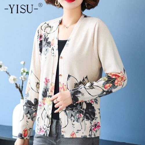 YISU Women Spring Autumn Sweater Single breasted Cardigan v-Neck Female Casual Knitted Cardigan Peony Printing Women clothing