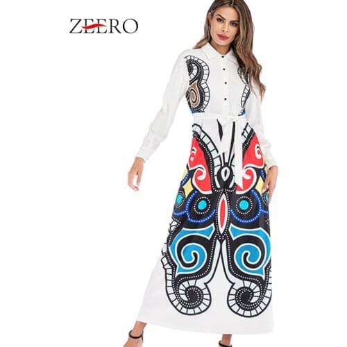 Spring Autumn Women Printing White Dress Female Casual Slim Lapel Single-breasted Long Sleeve Belt Big Swing A-Line Long Dresses