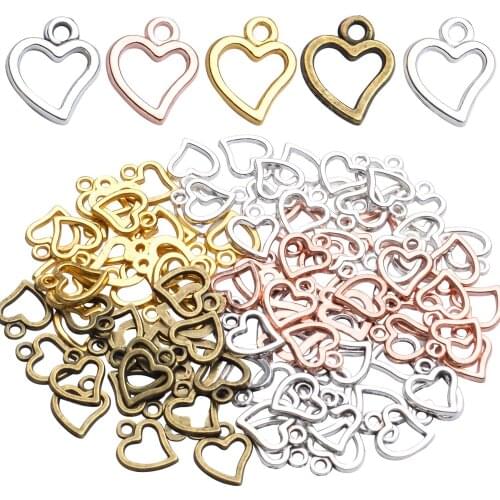 100 Pcs Tibetan Hollow Heart Shape Charms Alloy Love Pendants, Golden, Rose Golden, Antique Silver, Bright Silver,Antique Bronze