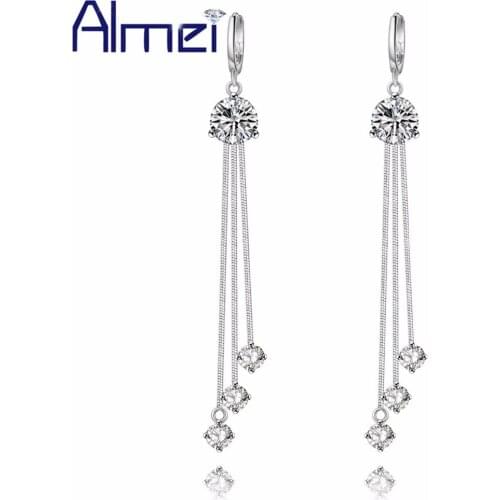 Almei 5%Off Wedding Tassel Long Earrings Women Silver Color Drop Ears Earings With Stones Brincos Bijouterie 2017 Jewelry EH105