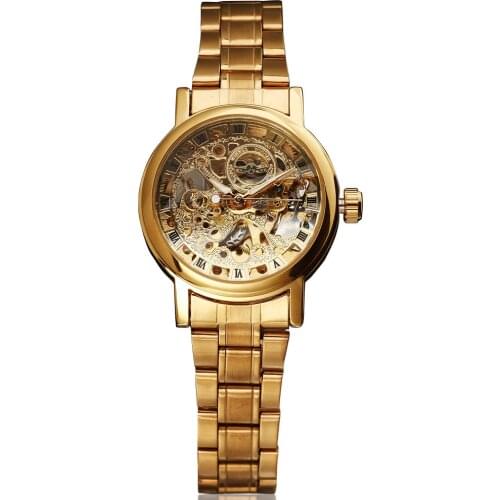 Top Brand WINNER Womens Fashion Skeleton Watches Rhinestone Clock Stainless Steel Mechanical Self Wind Ladies Wrist Dress Watch