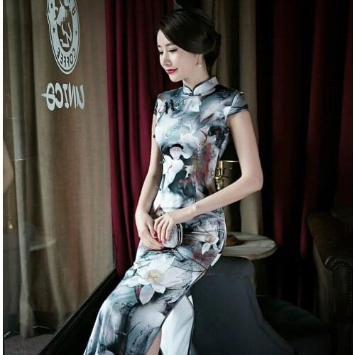 Super Quality Long Slim Double Silk Dress Elegant Performance Cheongsam Dress With Ink and Flowers Printing Dress