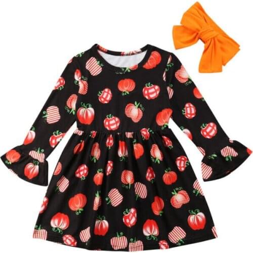 Emmababy Autumn Halloween Kids Baby Girls Clothes Autumn Fashion Cartoon Pumpkin Long Sleeve Party Dress Headband Outfits 0-5T