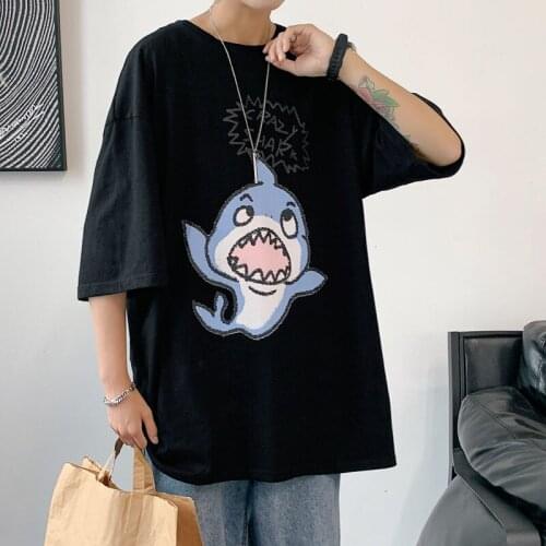 T-shirt for Mens Thin Spring Autumn Casual All-match Round Neck Short-sleeved Tops Loose Printed Cartoon Shark Trend T-shirts