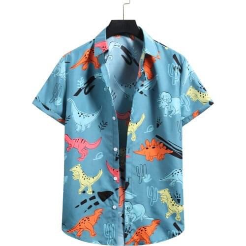 Men Summer Shirt Beach Style Dinosaur Printed Hawaiian Shirts Casual Short Sleeve Turn Down Collar Blouses Boy Tops Camisa Homme