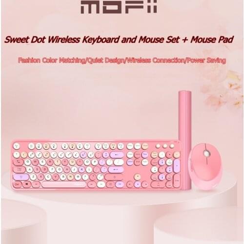 New 3 in 1 Mofii Sweet Mixed Color Retro Round Keycap 2.4Ghz Wireless Keyboard and Mouse Set Cute Girl 104 Key Design