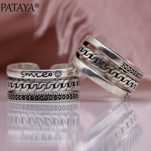 PATAYA New Punk Smile Three Layer Rings Unique Wipe Black Adjustable Ancient Gold Open Rings Women Wedding Fine Fashion Jewelry