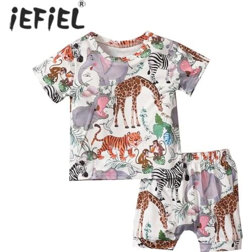 Cute Infants Baby Boys Girls Clothing Sets Cotton Short Sleeve Animals Cartoon Printed Tops+Shorts 2Pcs Newborn Baby Clothes